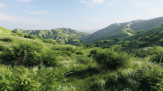 Un valle verde y exuberante con un paisaje montañoso en el fondo