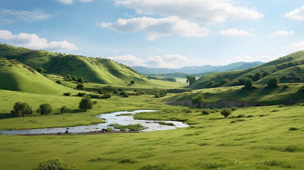 un valle verde con un río corriendo a través de él