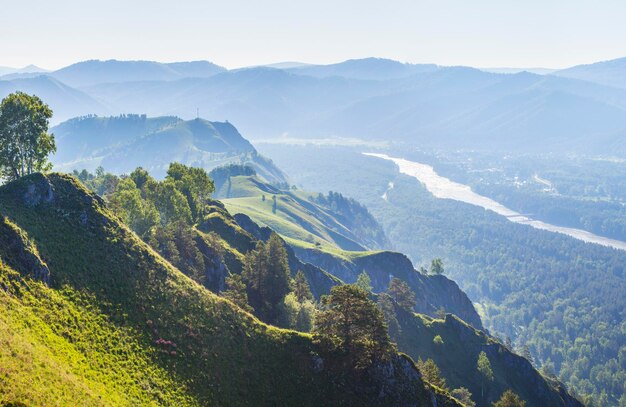 Valle con vista a la montaña con río a la luz de la mañana