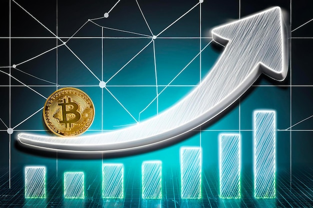 El valor de la criptomoneda Bitcoin aumenta con una flecha naranja y un gráfico de candelabros en el fondo