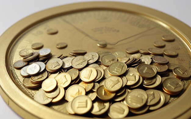Valor de pesaje de básculas doradas con monedas y microchips