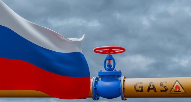 Válvula de gás da Rússia no gasoduto principal Rússia Pipeline com bandeira Rússia Tubulações de gás da Rússia