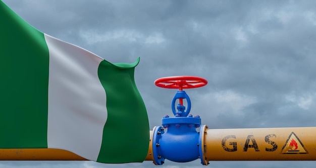 Válvula de gas de Nigeria en el gasoducto principal Tubería de Nigeria con bandera Tuberías de gas de Nigeria