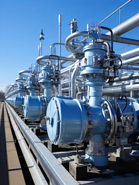 Foto válvulas de tuberías de gas en una estación de distribución una planta de bombeo y procesamiento de gas natural una imagen industrial con un lugar para texto ia generativa