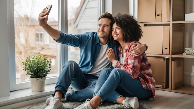 Vamos a capturar este momento joven pareja se mudó a una nueva casa o apartamento parecen felices y confiados