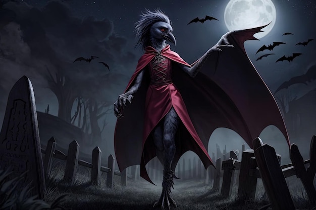 Vampirkrone menschlicher Hybrid auf dem Friedhof in der mondhellen Halloween-Nacht Halloween-Illustration