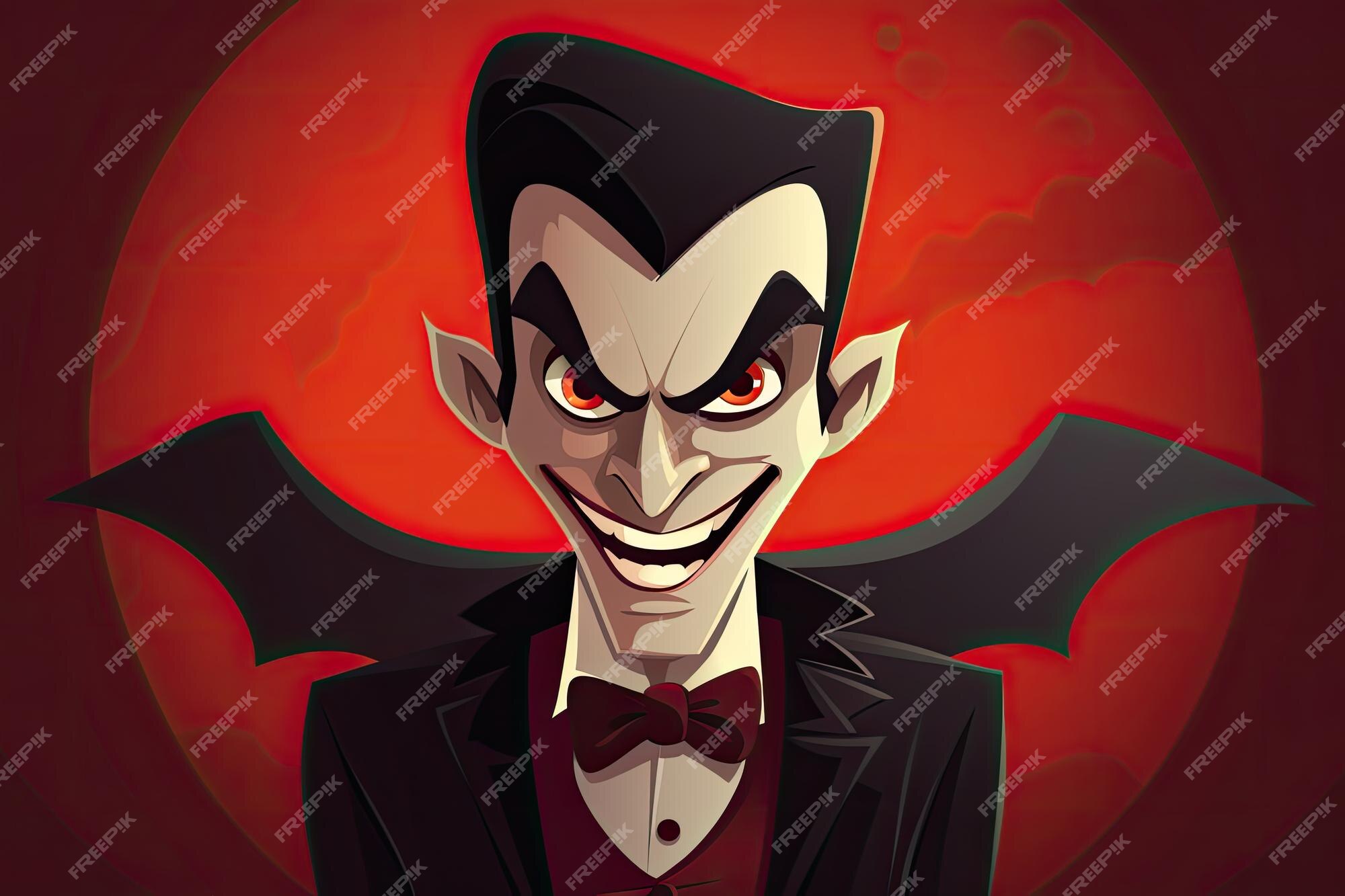 Menino vampiro de desenho animado com olhos vermelhos e