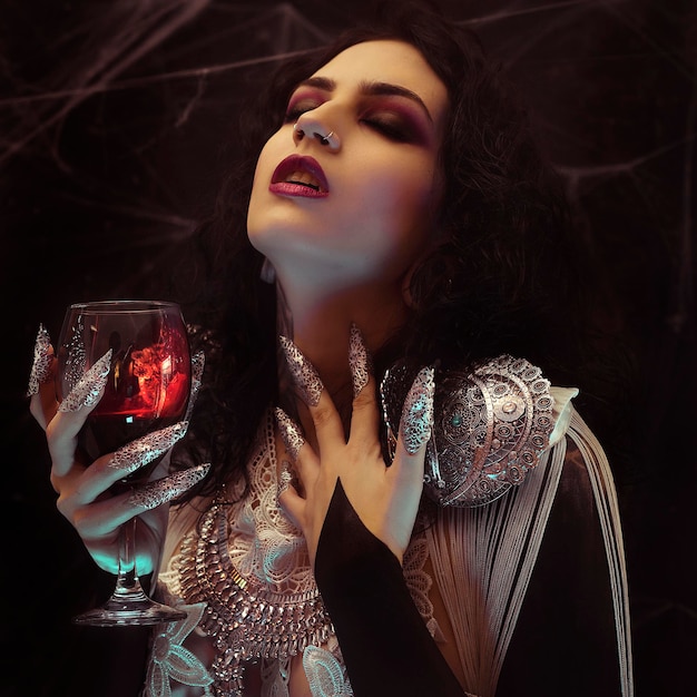 Vampiro Halloween Mujer retrato Belleza Sexy Vampiro Chica bebiendo sangre en su copa de vino