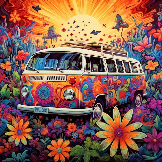 Foto van de acampada mundo de fantasía colorido arte de van hippie