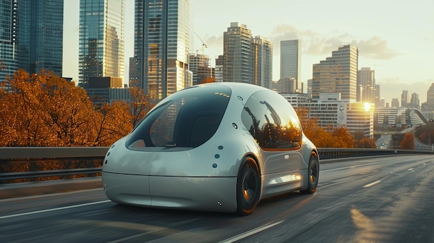 Van autônoma futurista acelerando na rodovia urbana
