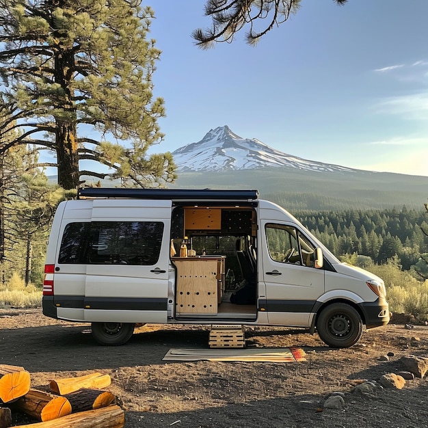 Van camper acampando en el bosque