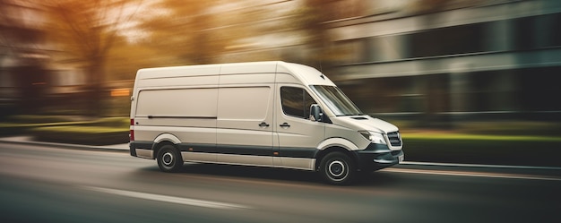 Van comercial branco na estrada em movimento desfocado Fundo desfocado