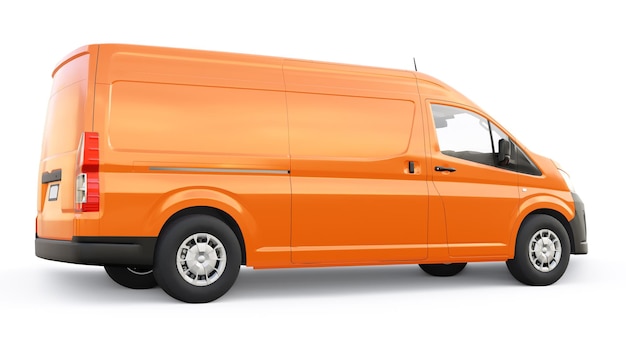 Van comercial laranja para transportar pequenas cargas na cidade em um fundo branco Corpo em branco para sua ilustração 3d de design