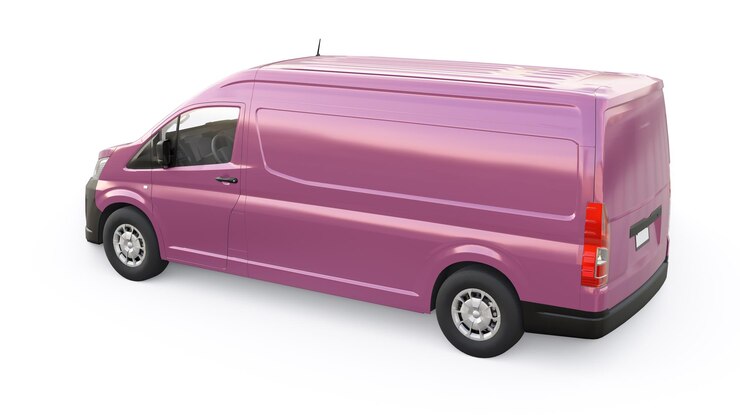 Foto van comercial rosa para transportar pequenas cargas na cidade em um fundo branco corpo em branco para sua ilustração 3d de design