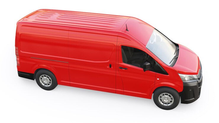 Foto van comercial vermelha para transportar pequenas cargas na cidade em um fundo branco corpo em branco para sua ilustração 3d de design