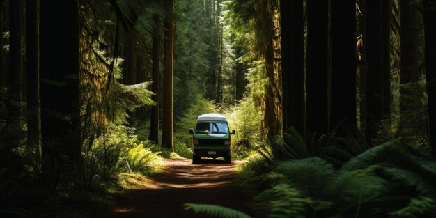 Van de campista em uma bela paisagem de floresta Van vida aventura férias Generative ai