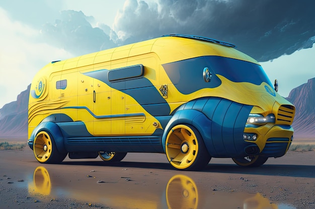 Van de carga futurista do futuro com design amarelo brilhante e coloração azul