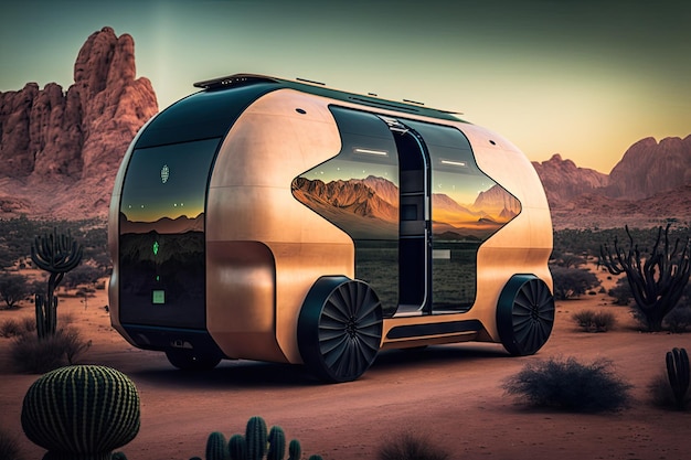 Van de carga futurista do futuro com vidros escurecidos e cabine para viagens confortáveis