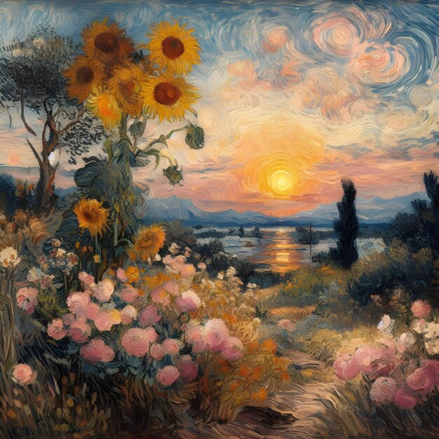 Van Goghstyle puesta de sol y paisaje del lago Póster imprimible calidad Decoración de pared