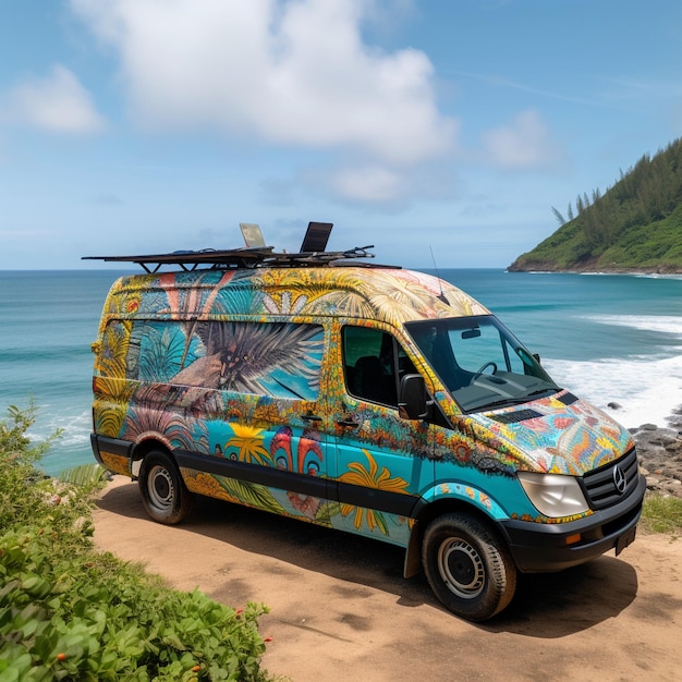 Van Sprinter convertida estacionada em uma praia isolada com vista para o oceano