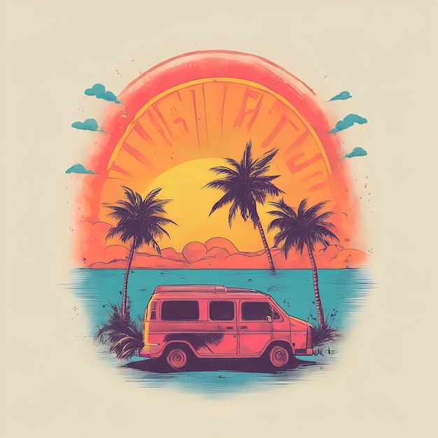 Foto van vintage na ilustração vetorial de praiavan campista vintage com palmeiras na estrada vetor