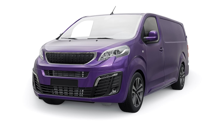 Foto van violeta sobre fundo branco entrega de pequenos carros comerciais de pedidos renderização em 3d