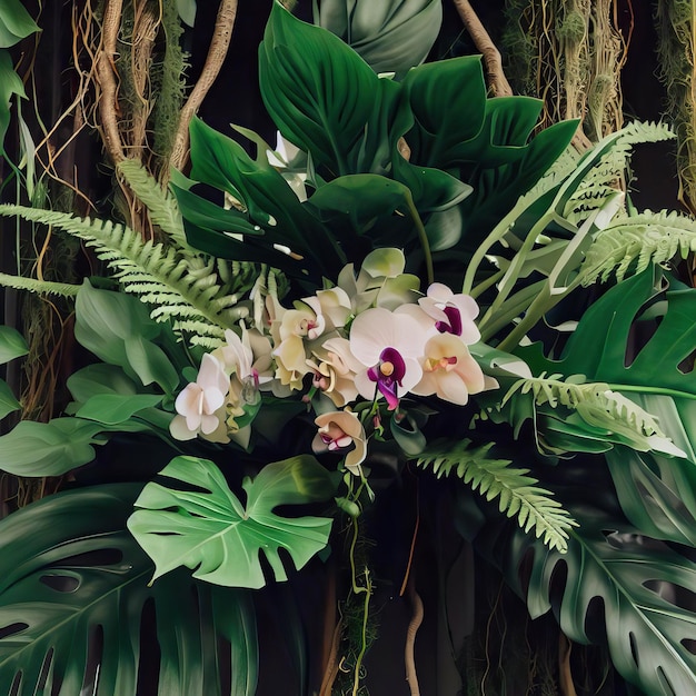 Foto vanda-orchideen tropische blumendekorationen auf baumzweigen lianen weinrebenpflanzen isoliert generative ai