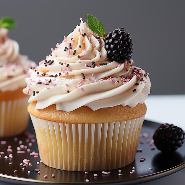 Vanille-Cupcake mit Brombeersirup auf weißem Hintergrund