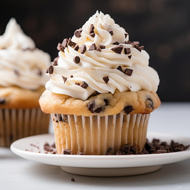 Vanille-Cupcake mit großen Stücken Schokoladen-Chip-Kekse oben