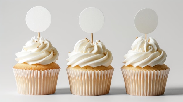 Vanille-Cupcakes mit leerer Topper-Mockup-Anzeige