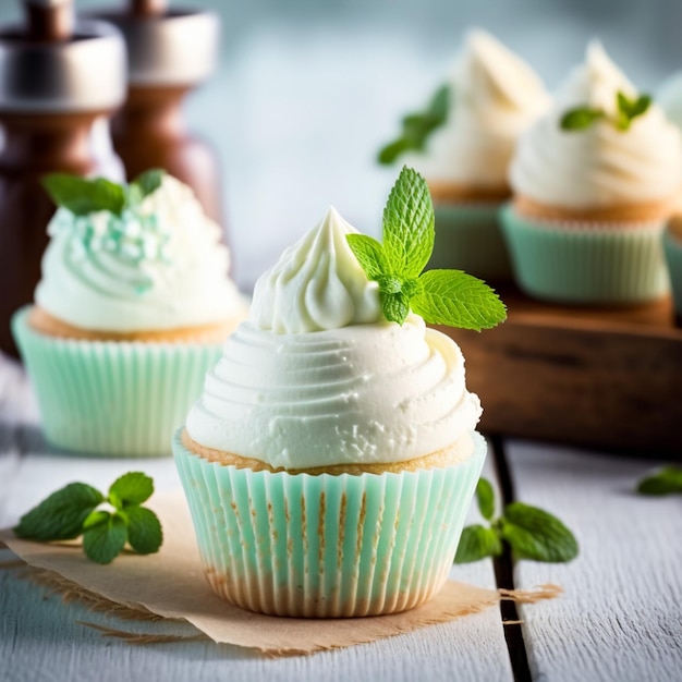 Foto vanille-cupcakes mit sahne auf holztisch illustrationsbilder 3d render ai generiert