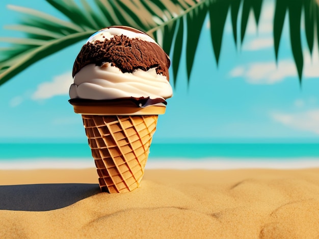 Vanille-Eis-Kegel am Palmstrand Vektor-Werbe-Poster mit realistischer 3D-Eis in Waffelbecher mit