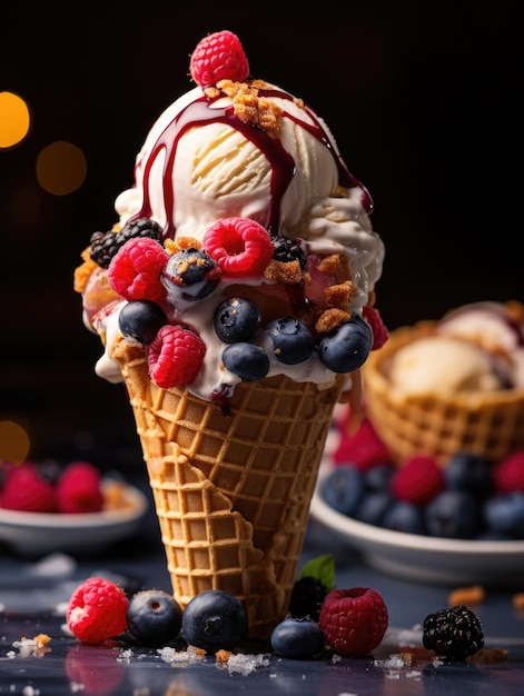 Vanille-Eis mit frischen Himbeeren und Blaubeeren