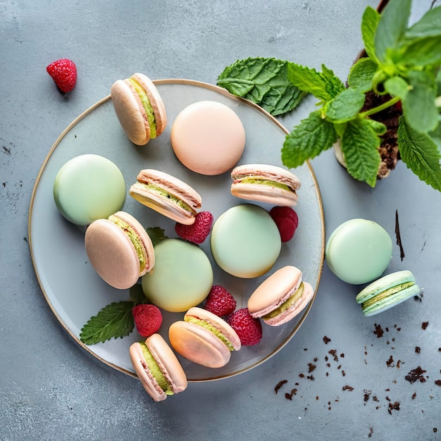 Vanille-Macarons auf einer grauen Oberfläche mit Vanilleschoten, Minze und Himbeere und leeren Etiketten für französisches Dessert