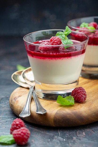 Vanille-Panna Cotta mit Beerensauce und Himbeere