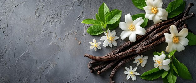 Foto vanille-sticks und blumen-küche-thema hintergrund