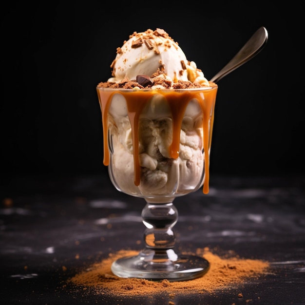 Vanilleeis mit Schlagsahne und Karamell im Glas auf dunklem Hintergrund