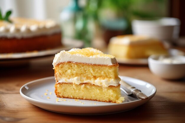 Vanillekuchen mit einer Scheibe, die mit einer Tasse heißen Tee genossen wird