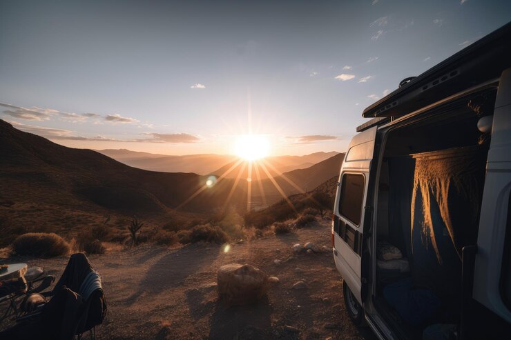 Vanlife con una vista de la puesta de sol detrás de las montañas creado con ai generativo