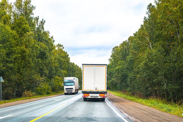 Vans de carga viajam ao longo de uma estrada florestal em um dia de verão, transporte de carga de longa distância