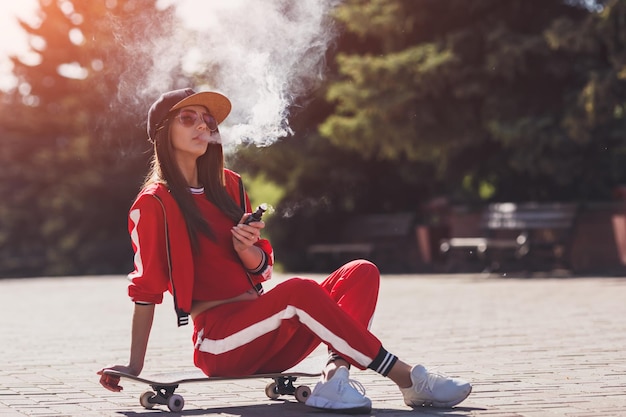 Vaping Girl junge Frau sitzt auf Skateboard und vape ecig