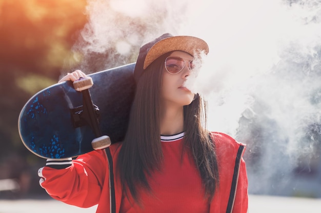 Vaping Mädchen junge Frau mit Skateboard Vape Ecig