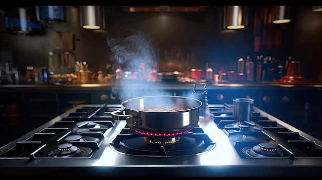 El vapor y la cocción de la olla de agua en una estufa de calefacción moderna en la cocina en el fondo de un balcón abierto Hervir con el vapor emitido por una olla de cocción inoxidable IA generativa