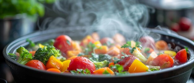 Foto el vapor se eleva de la sopa caliente las verduras vibrantes flotando