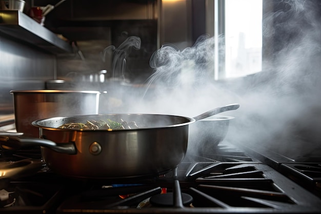 Vapor y humo saliendo de una sartén caliente con comida en la cocina creada con ai generativa