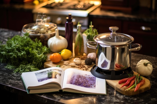 Foto el vapor y el libro de recetas en un mostrador de la cocina