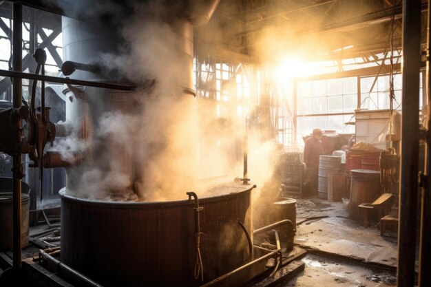 Foto el vapor que surge de la sartén del evaporador durante el proceso de elaboración del jarabe creado con ai generativo