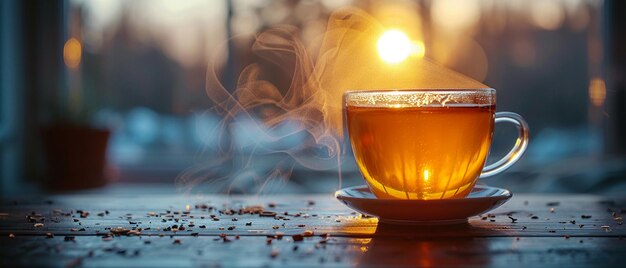 Foto el vapor que surge de una taza caliente de té en una mañana fría