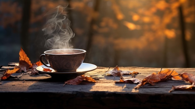 El vapor sale de una taza de té sobre una mesa de madera entre hojas caídas