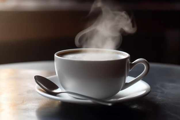 Vapor subindo de uma xícara branca de café quente com uma colher em um pires sobre uma mesa de madeira no café